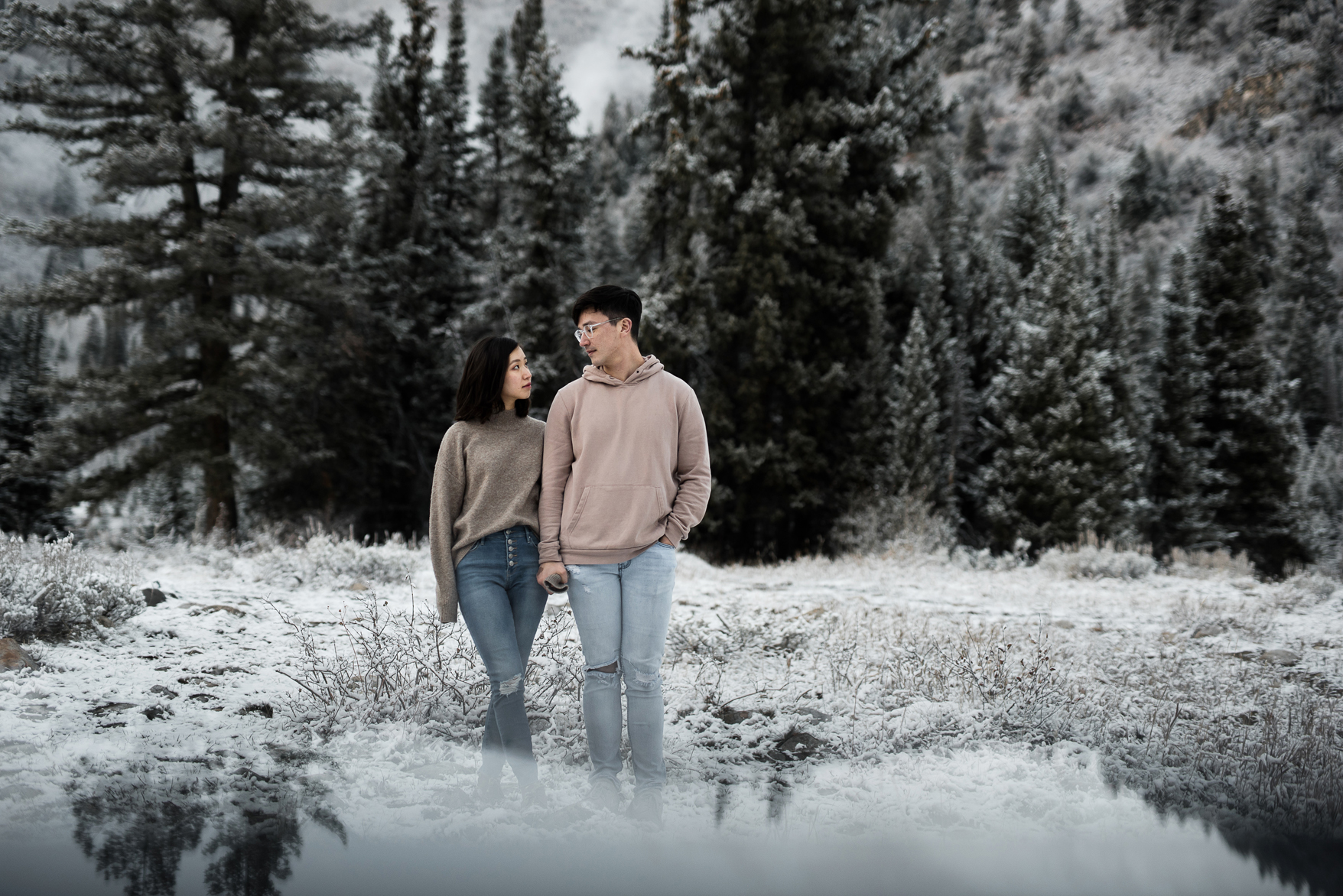 artistic portrait of couple in the snow