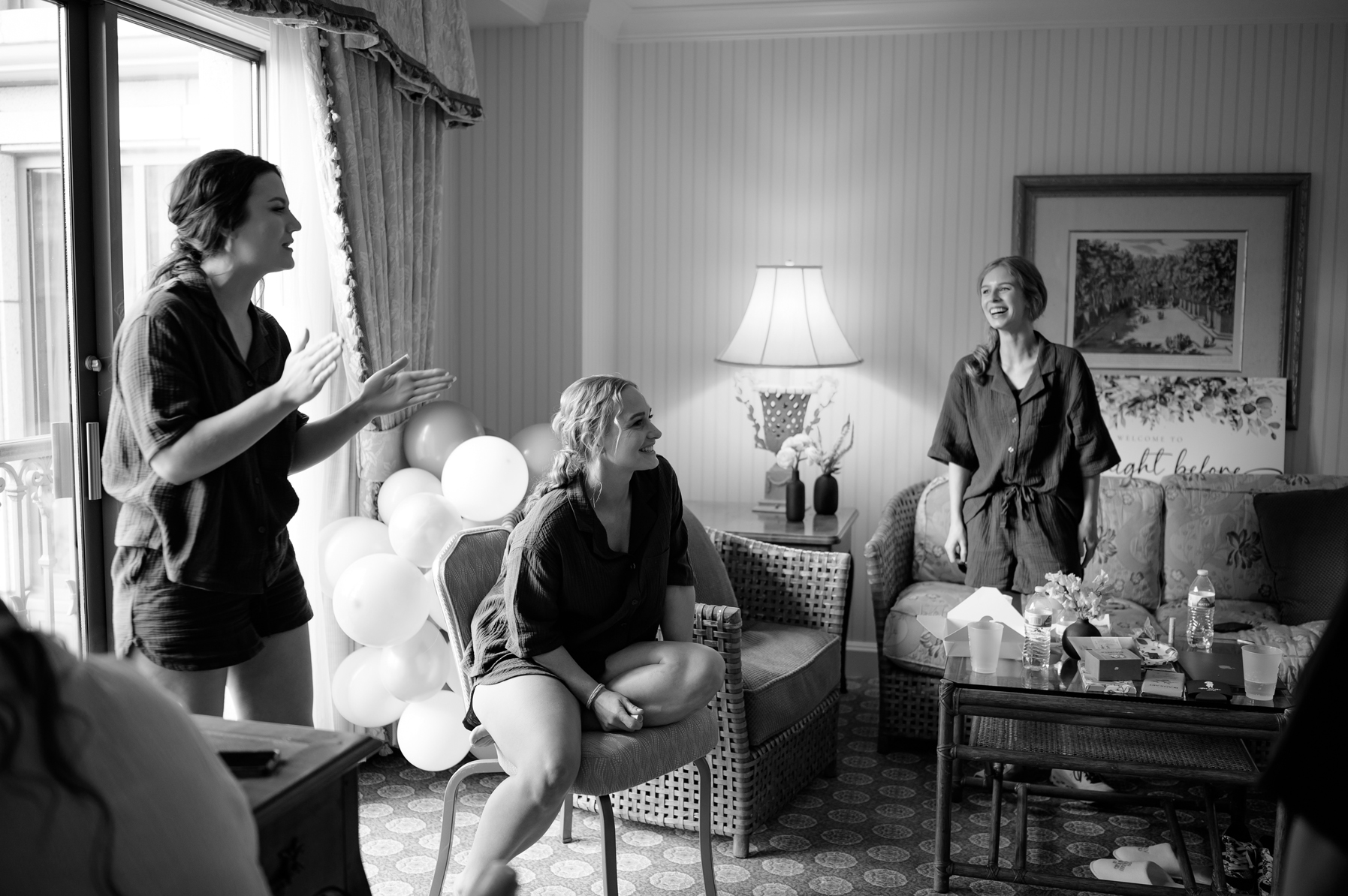 bridesmaids hanging out at the grand america hotel